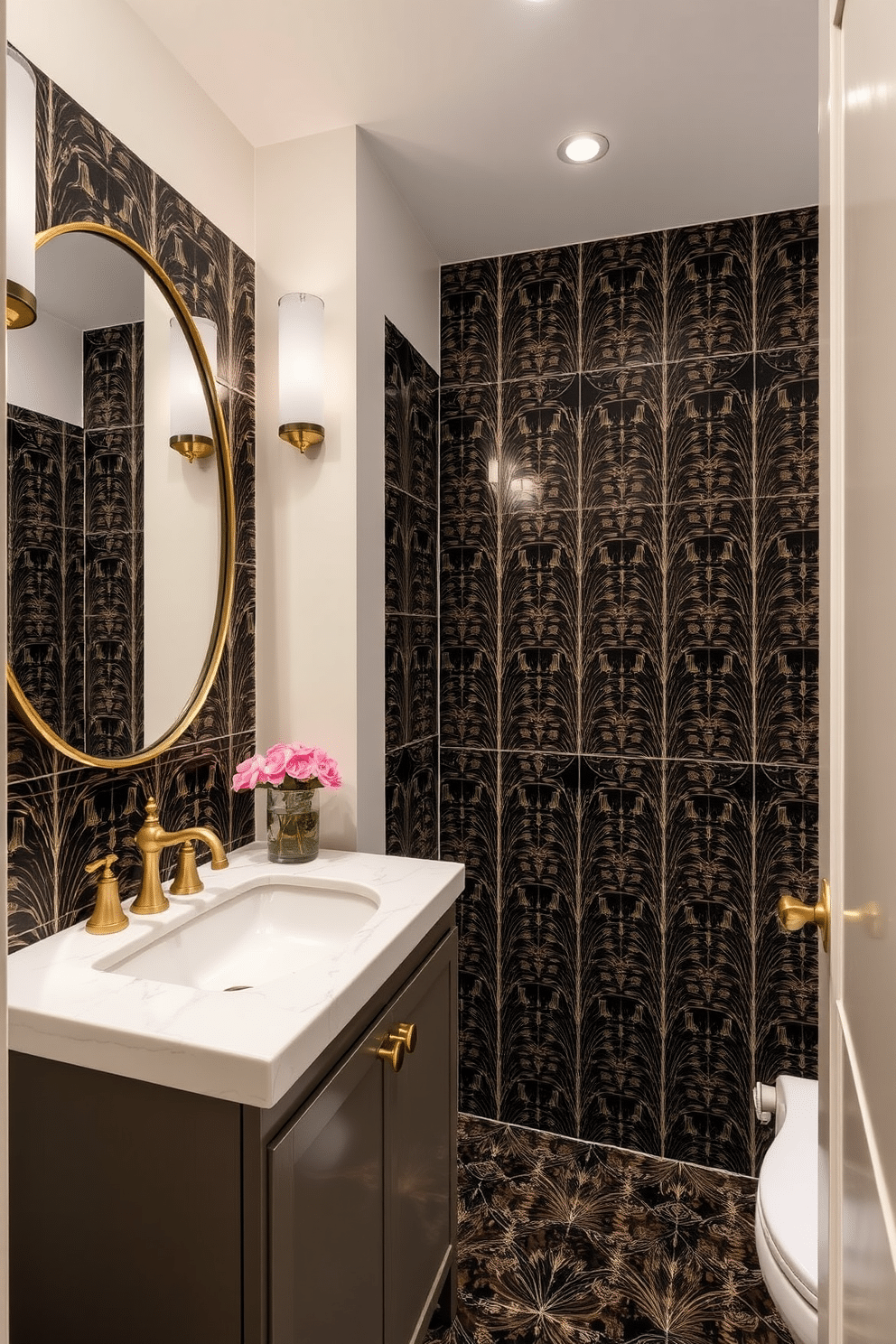 Art deco style tiles featuring geometric patterns and bold colors create a striking foundation for a chic powder room. The intricate designs, with their rich textures and metallic accents, evoke a sense of vintage glamour while complementing modern fixtures. Incorporate a mix of black, gold, and deep jewel tones to enhance the retro flair of the space. Pair these tiles with sleek, minimalist cabinetry and elegant lighting fixtures to achieve a harmonious balance between classic and contemporary design.