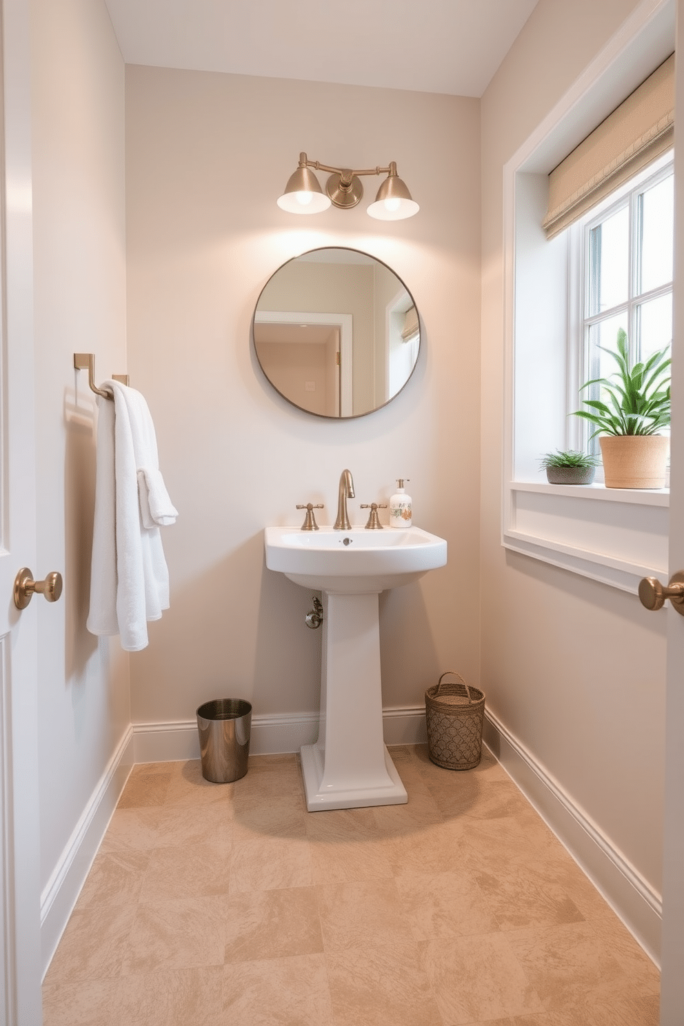 A stylish powder room featuring textured vinyl tiles that mimic the look of natural stone, providing an elegant yet budget-friendly flooring option. The walls are painted in a soft, neutral tone, complemented by a sleek white pedestal sink and a modern round mirror above it. Decorative accents include a chic towel rack with plush towels and a small potted plant on the windowsill, adding a touch of greenery. The overall design is completed with carefully chosen lighting fixtures that enhance the inviting atmosphere of the space.