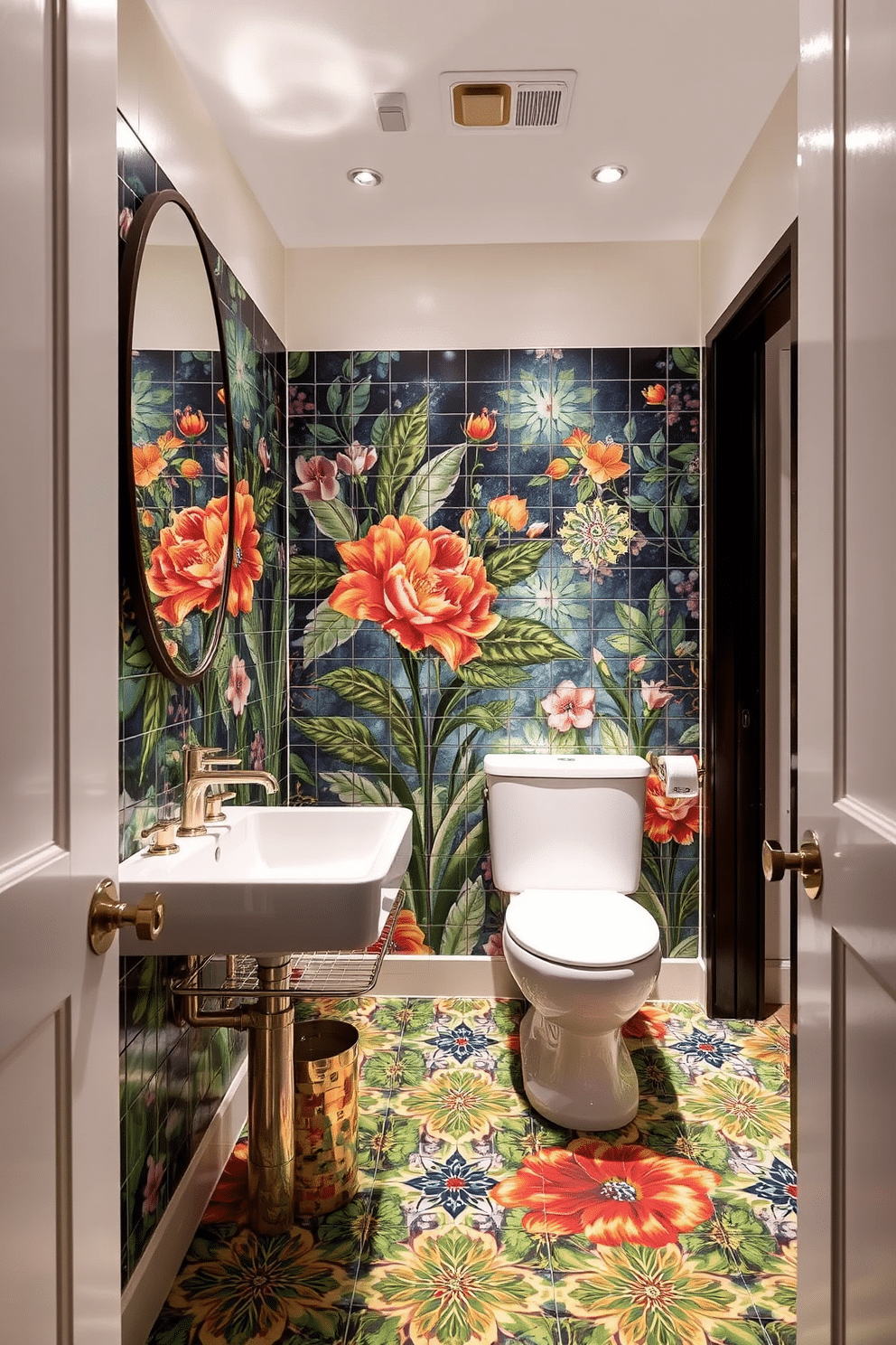 Custom mural tiles for a unique statement. The powder room features vibrant, hand-painted tiles that create a stunning focal point, showcasing intricate designs inspired by nature. The floor is adorned with a mix of geometric and floral patterns, seamlessly blending modern aesthetics with classic charm. Soft lighting highlights the textures of the tiles, enhancing the overall ambiance of the space.