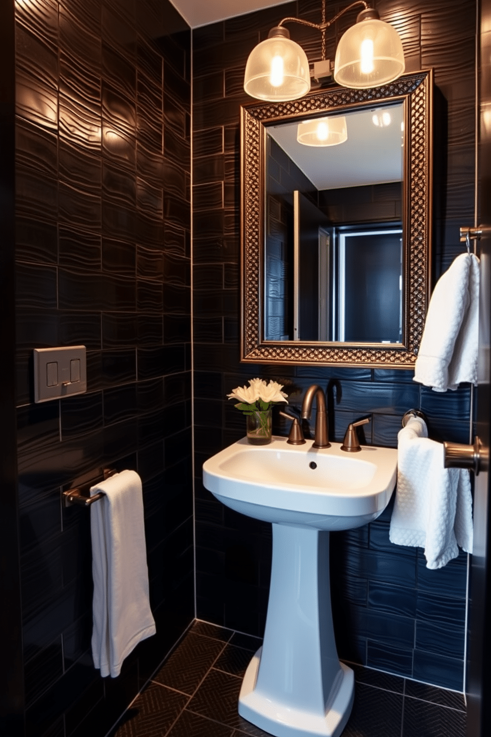 A chic powder room featuring dark, textured tiles that create a dramatic backdrop. The walls are adorned with sleek, modern fixtures, and a stylish pedestal sink complements the bold flooring. A statement mirror with an intricate frame hangs above the sink, reflecting the room's elegant ambiance. Soft lighting highlights the rich tones of the tiles, enhancing the overall sophistication of the space.