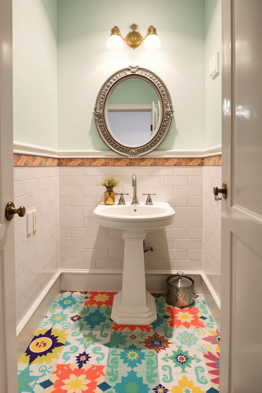 A whimsical powder room featuring vibrant patterned tiles that add a playful touch to the space. The tiles showcase a mix of colors and designs, creating an eye-catching floor that sets the tone for the entire room. Above the tiles, the walls are painted in a soft pastel hue, complementing the lively patterns below. A stylish pedestal sink with a vintage-style faucet enhances the charming atmosphere, while a round mirror with a decorative frame adds a touch of elegance.