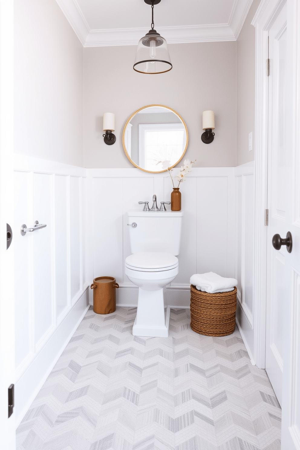 Classic basketweave tile design for sophistication. The floor features a timeless basketweave pattern in white and soft gray, creating a refined backdrop for the elegant space. Powder Room Floor Tile Design Ideas. The walls are adorned with crisp white wainscoting, and the floor complements the decor with a chic hexagonal tile arrangement in muted tones, enhancing the overall aesthetic.