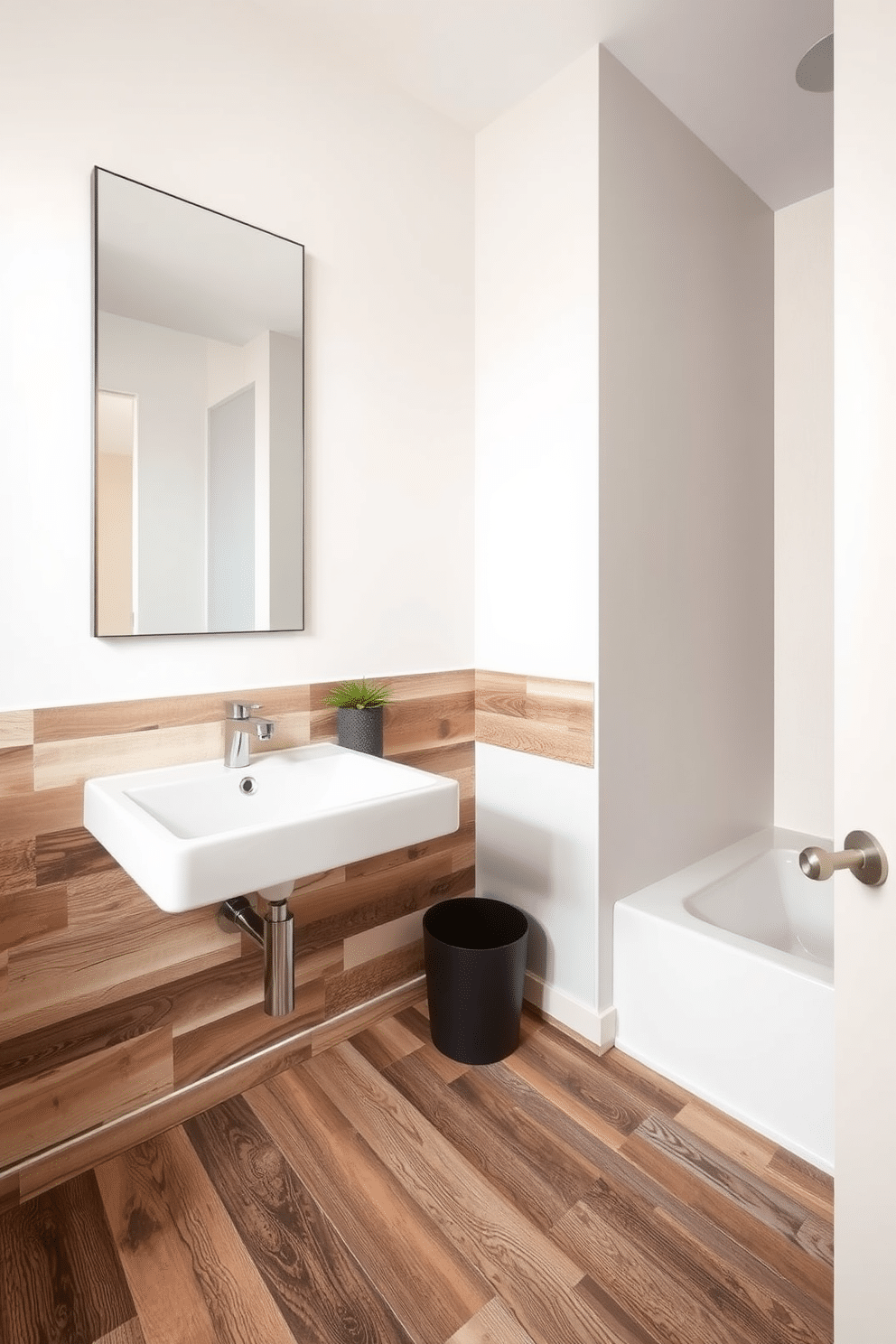 A stylish powder room featuring reclaimed wood tiles that add warmth and character to the space. The walls are painted in a soft, neutral tone, creating a harmonious backdrop for the rustic charm of the flooring. The floor showcases a unique pattern created by the varying shades of the reclaimed wood tiles, enhancing the eco-friendly aesthetic. A sleek, modern sink with a minimalist faucet complements the natural elements, while a small potted plant adds a touch of greenery to the design.