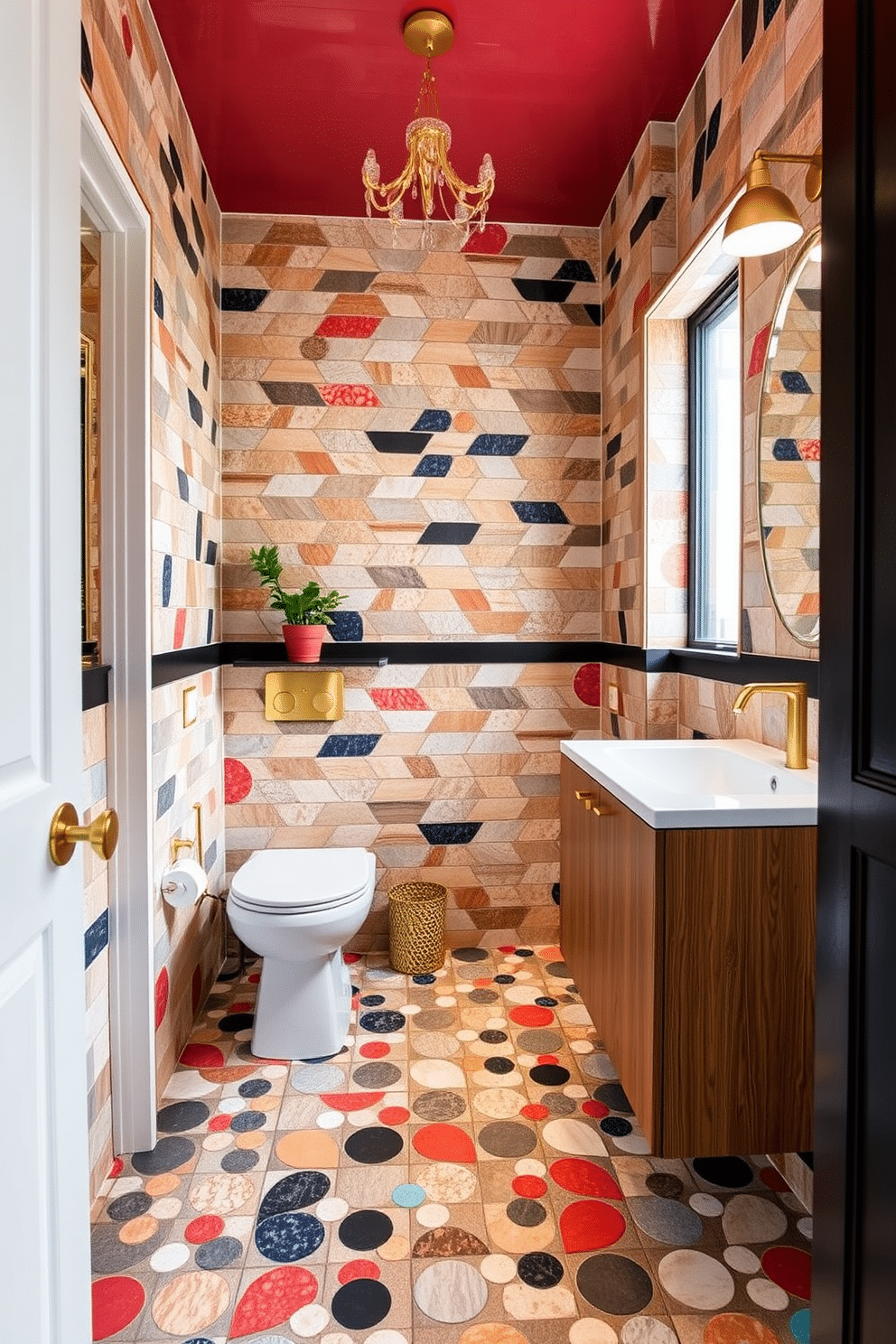 A vibrant powder room featuring a stunning mix of material tiles, combining glossy ceramics with textured stone. The eclectic design showcases a playful pattern that draws the eye, creating a unique and inviting atmosphere. The floor is adorned with a harmonious blend of colors and shapes, enhancing the overall aesthetic of the space. Accents of gold fixtures and a minimalist wooden vanity complete the look, adding a touch of sophistication to the eclectic tile design.