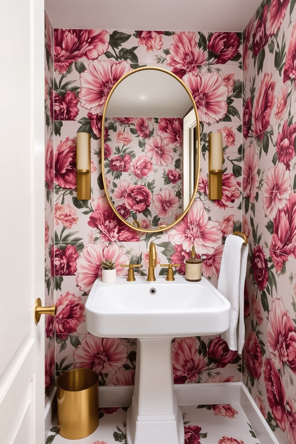 Large floral tiles create a stunning focal point in a powder room, adding a vibrant touch of personality to the space. The intricate patterns can be complemented with minimalist fixtures and neutral wall colors to maintain balance and elegance. Consider pairing the bold tiles with a sleek pedestal sink and brushed gold accents for a modern twist. A strategically placed mirror can enhance the light and showcase the beautiful tile work, making the room feel more spacious and inviting.