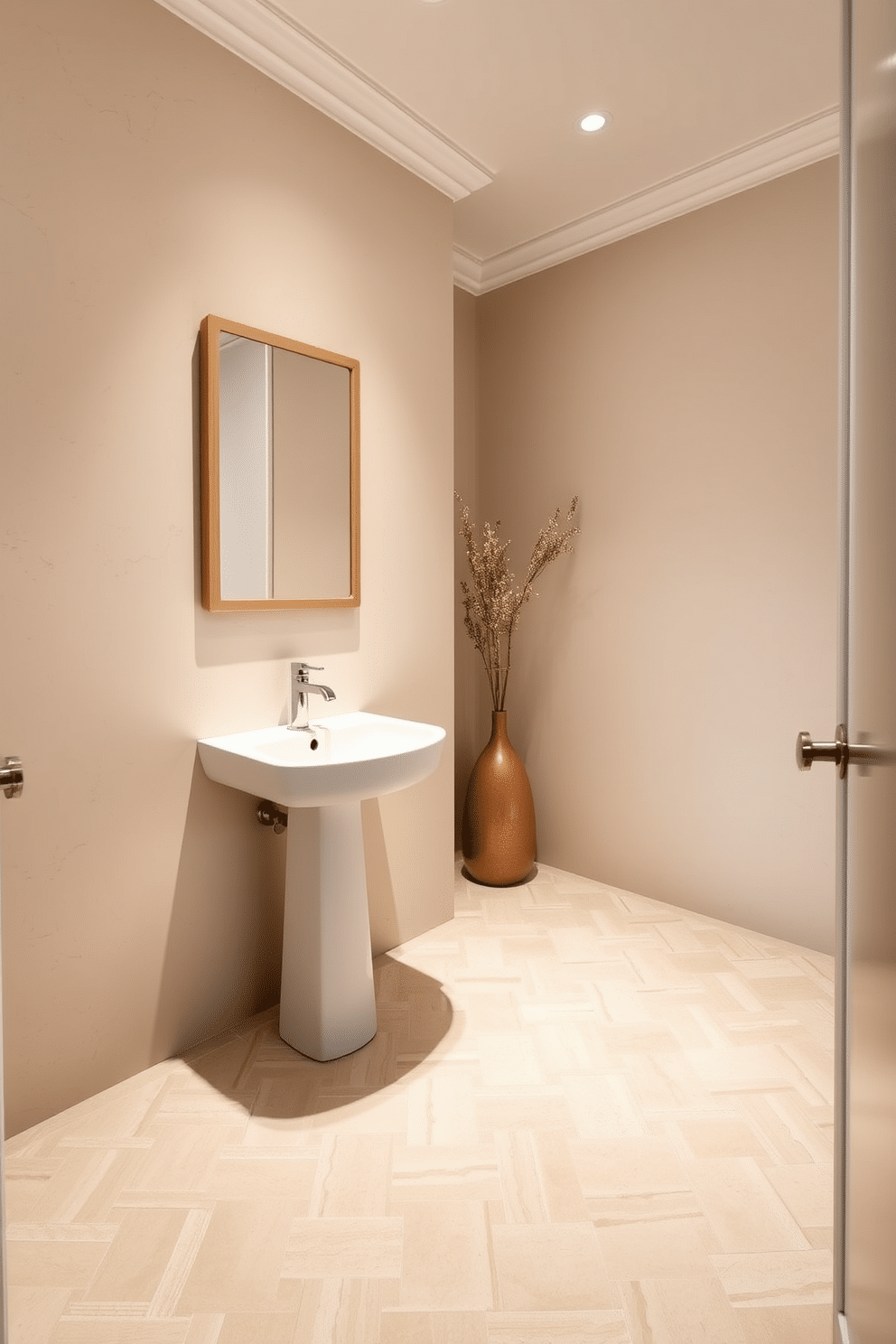 A tranquil powder room featuring neutral tones that create a serene atmosphere. The floor is adorned with elegant geometric tiles in soft beige and cream, complementing the soothing color palette of the walls. A stylish pedestal sink sits against the wall, topped with a minimalist mirror framed in natural wood. Soft, ambient lighting highlights the textures of the wall finishes and the intricate tile patterns underfoot.