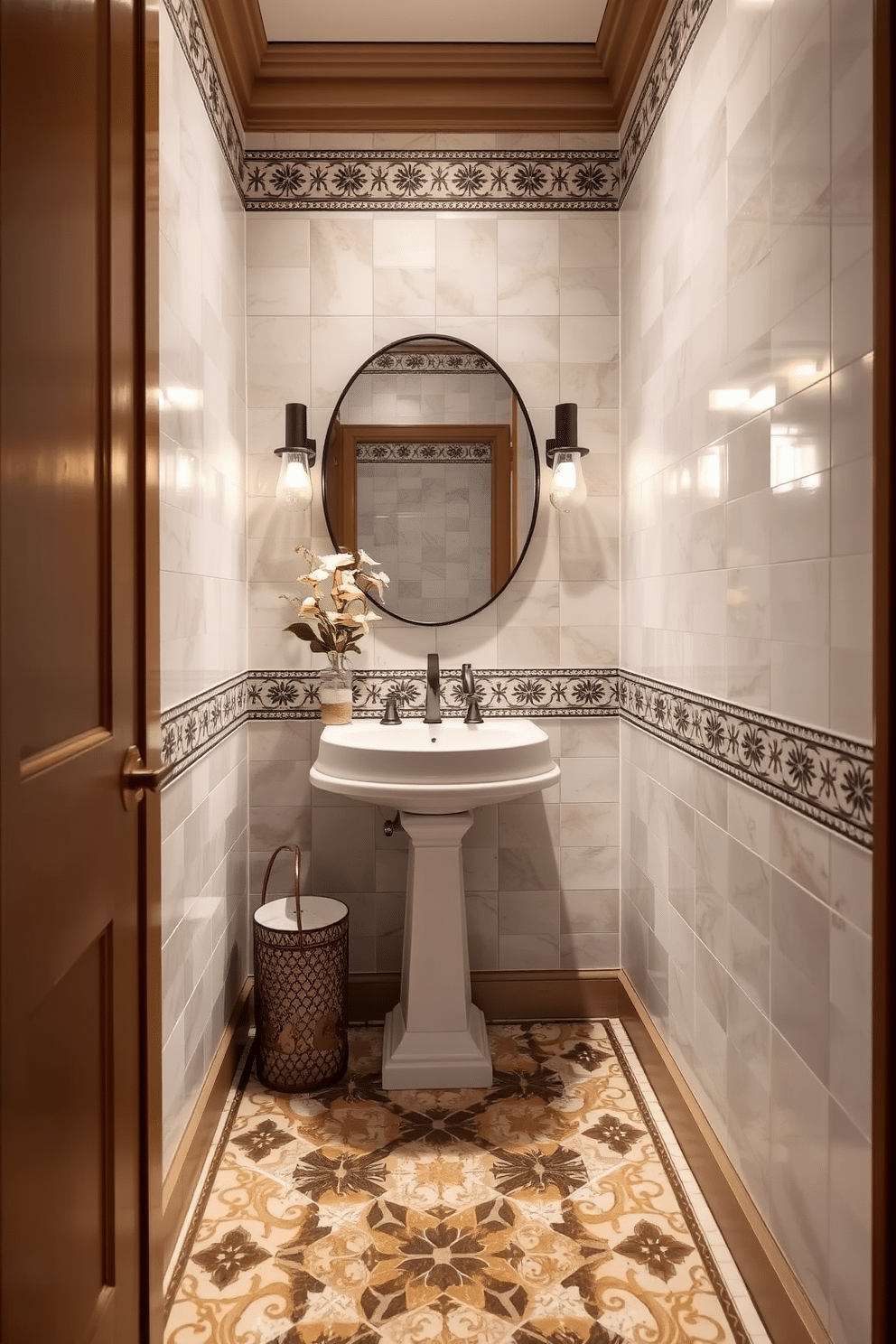 A powder room featuring intricate border tiles that create a stunning detail around the perimeter. The floor showcases a blend of geometric patterns in soft earth tones, enhancing the elegance of the space while maintaining a cozy atmosphere.