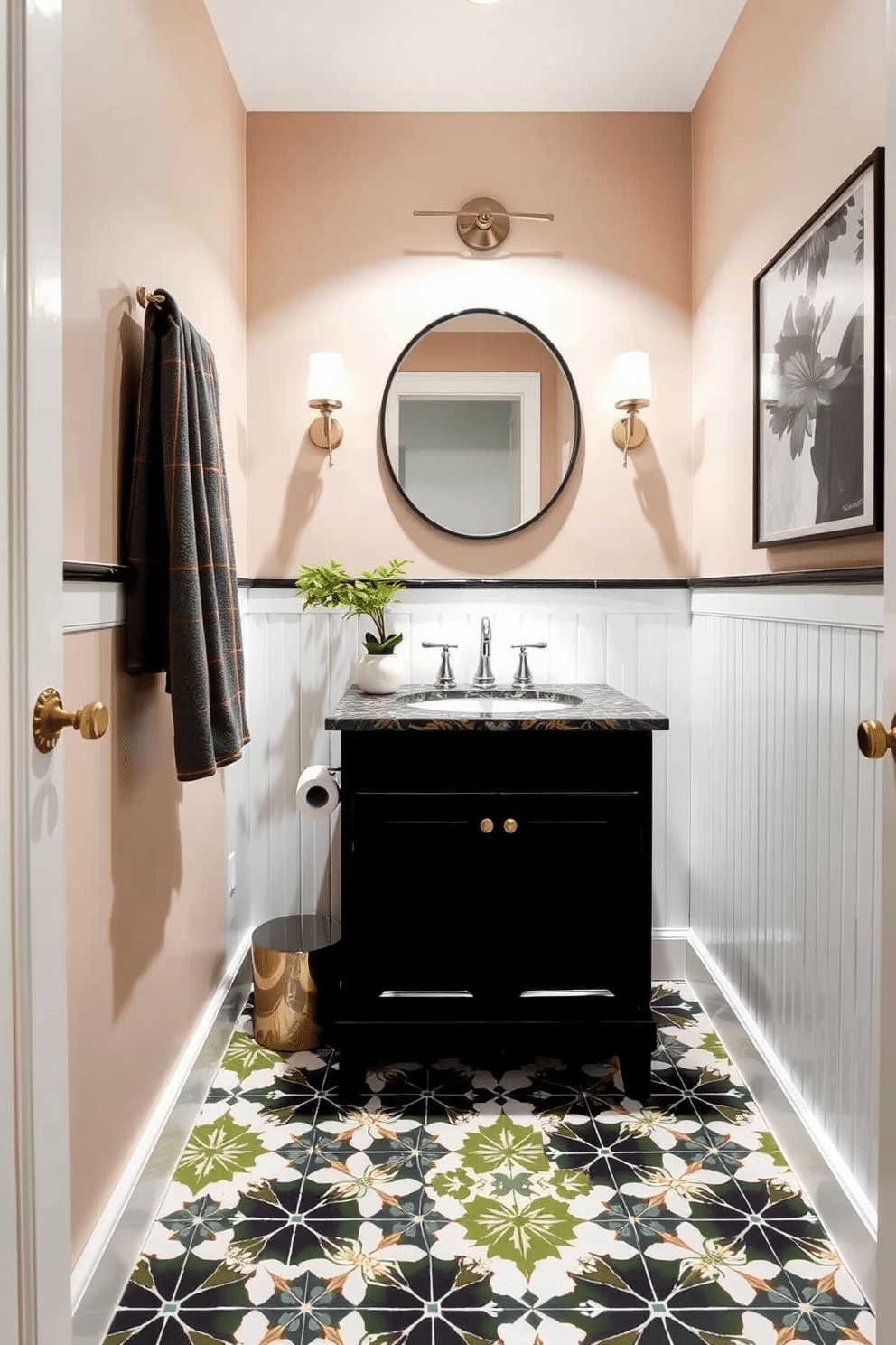 A stylish powder room featuring bold patterned cement tiles that add a vibrant character to the space. The walls are painted in a soft, neutral tone, creating a perfect contrast with the eye-catching floor design.