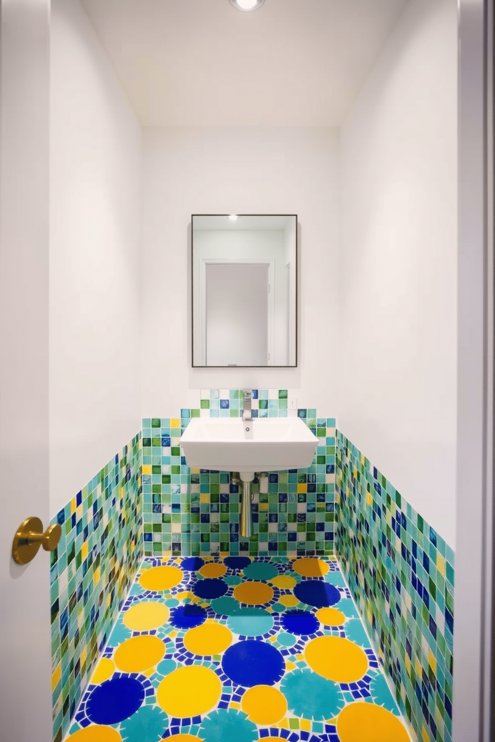 A vibrant powder room features bright mosaic tiles in a playful array of colors, creating a lively atmosphere. The walls are adorned with crisp white paint, enhancing the cheerful effect of the tiles and providing a clean backdrop. The floor showcases an intricate pattern of mosaic tiles, blending shades of blue, yellow, and green for a dynamic look. A sleek, modern sink is positioned against the wall, complemented by a stylish mirror that reflects the playful tile design.