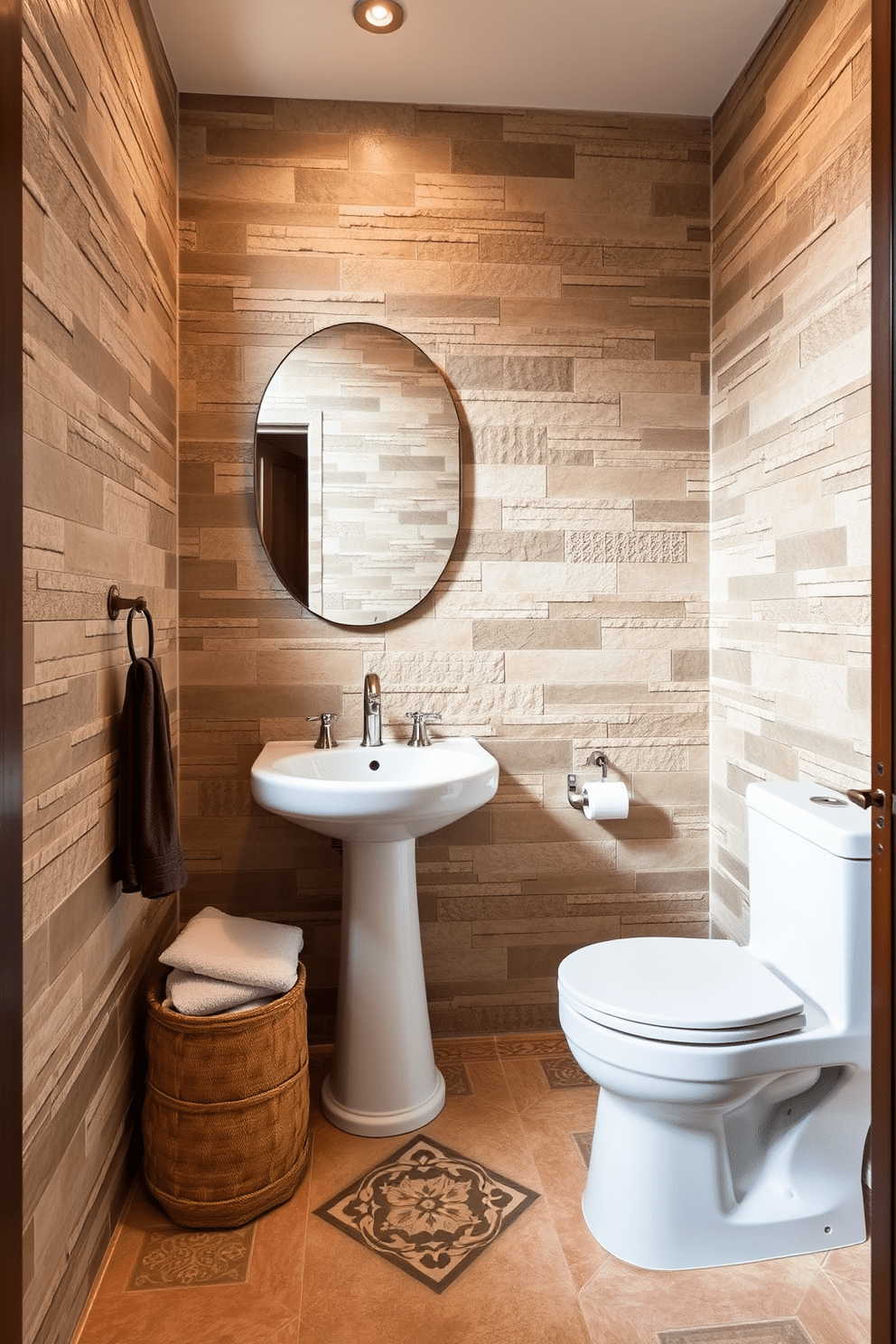 A chic powder room featuring textured natural stone walls that exude elegance and sophistication. The floor is adorned with intricate tile designs in soft earth tones, complementing the natural stone and creating a warm, inviting atmosphere.