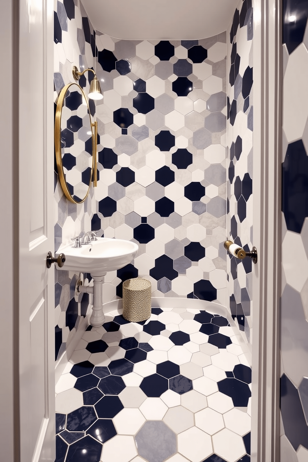 A stylish powder room featuring a floor adorned with hexagon tiles in contrasting colors, creating a striking visual effect. The tiles are arranged in a geometric pattern, blending shades of deep navy and crisp white, enhancing the room's modern aesthetic.