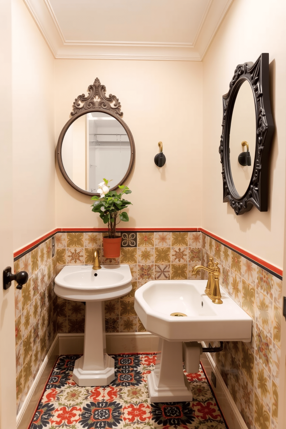 A charming powder room featuring vintage encaustic tiles in a vibrant pattern that adds character to the space. The walls are painted in a soft cream color, complementing the intricate designs of the tiles and creating a warm, inviting atmosphere. A sleek pedestal sink sits against one wall, adorned with a polished brass faucet that enhances the vintage feel. Above the sink, a round mirror with an ornate frame reflects the beauty of the tiles, while a small potted plant adds a touch of greenery to the room.