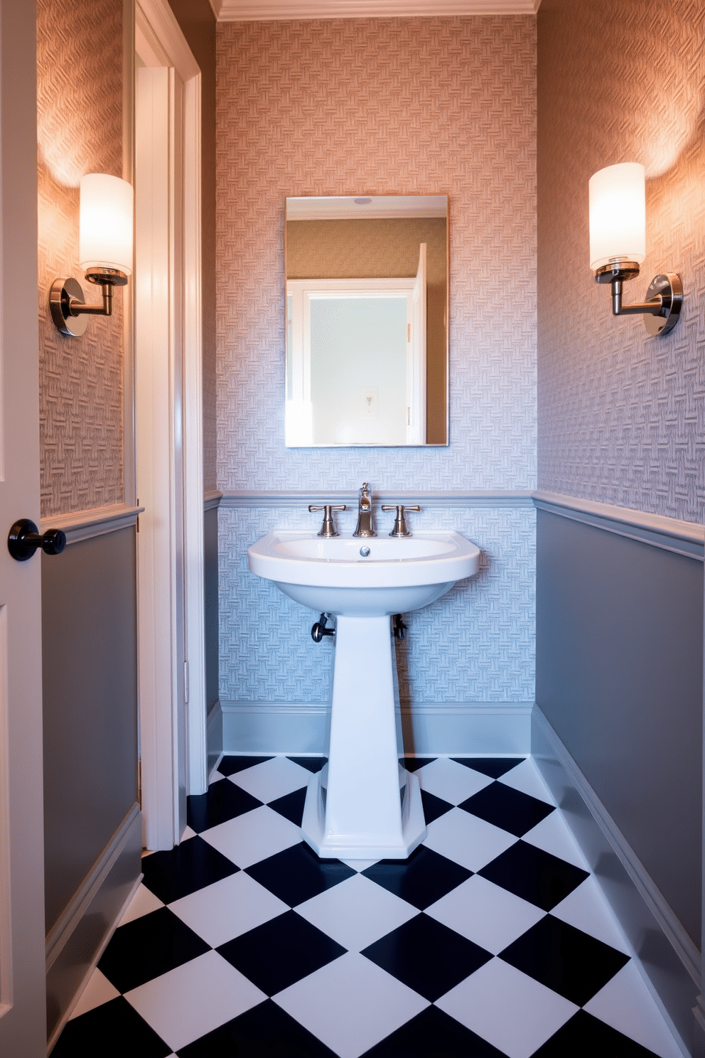 A striking powder room features a dramatic black and white checkerboard floor that instantly captures attention. The bold pattern is complemented by sleek, modern fixtures and soft, ambient lighting that enhances the space's elegance. The walls are adorned with a tasteful wallpaper in a subtle geometric pattern, adding depth without overwhelming the design. A minimalist pedestal sink with a polished chrome faucet sits against the backdrop, creating a chic focal point in the room.