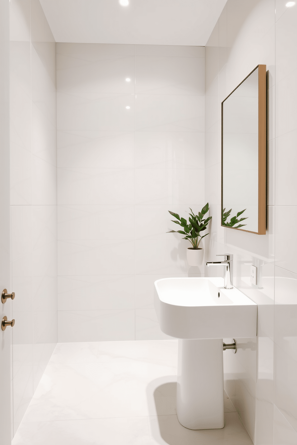 A stylish powder room featuring large format tiles that create a seamless and elegant look. The walls are adorned with a soft, neutral color, complementing the sleek, glossy tiles that extend from floor to ceiling. The space includes a modern pedestal sink with a minimalist faucet, enhancing the clean lines of the design. A large mirror with a simple frame reflects the sophisticated ambiance, while a small potted plant adds a touch of greenery to the decor.