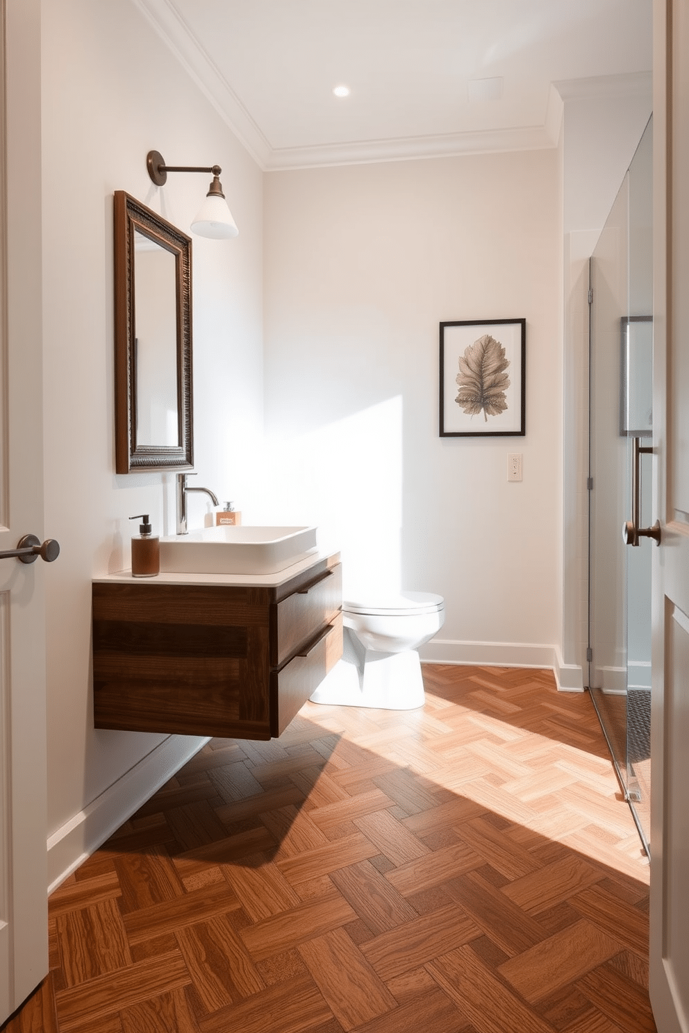 A stylish powder room featuring wood-look tiles that add warmth and texture to the space. The floor is adorned with a geometric pattern that complements the rich tones of the wooden tiles, creating an inviting atmosphere. The walls are painted in a soft, neutral shade to enhance the natural light, while a sleek floating vanity with a modern sink sits against one wall. Decorative elements, such as a framed mirror and elegant fixtures, complete the sophisticated look of the room.