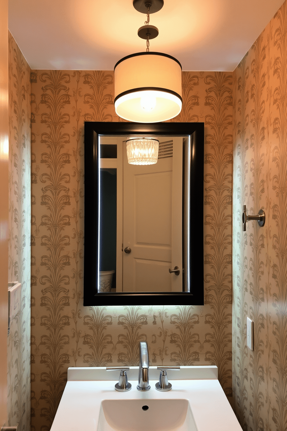 A chic powder room featuring dimmer switches that allow for adjustable ambiance. The walls are adorned with elegant wallpaper, and a stylish pendant light hangs from the ceiling, casting a warm glow. The vanity is topped with a sleek countertop and complemented by a modern faucet. Soft LED lighting around the mirror enhances the overall design while providing functional illumination.