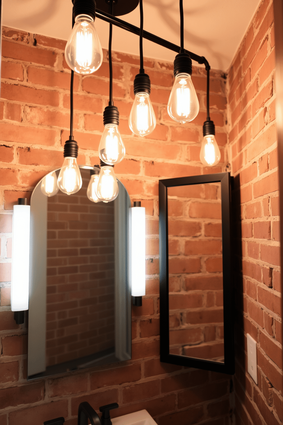 A stylish powder room featuring industrial-style bulbs that hang from the ceiling, casting a warm, inviting glow. The walls are adorned with exposed brick, and a sleek, minimalist mirror complements the edgy lighting design.