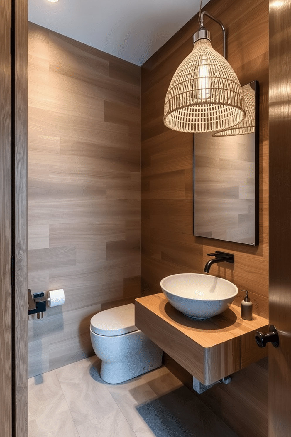 A powder room featuring nature-inspired fixtures with elegant wooden accents. The walls are adorned with textured wood paneling, complemented by a floating wooden vanity with a sleek vessel sink. Soft, ambient lighting illuminates the space from a stylish pendant light made of natural materials. The overall design evokes a serene and organic atmosphere, perfect for a tranquil retreat.