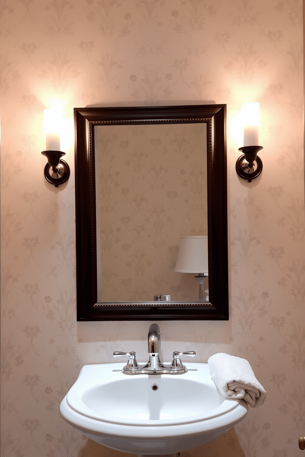 Candle-style sconces cast a warm, inviting glow in the powder room, enhancing the ambiance with their soft illumination. Positioned on either side of a beautifully framed mirror, they add a touch of elegance and charm to the space. The sconces are complemented by a delicate wallpaper featuring subtle floral patterns, creating a cohesive design. Below, a sleek pedestal sink with a polished chrome faucet completes the look, while a plush hand towel rests nearby for functionality.