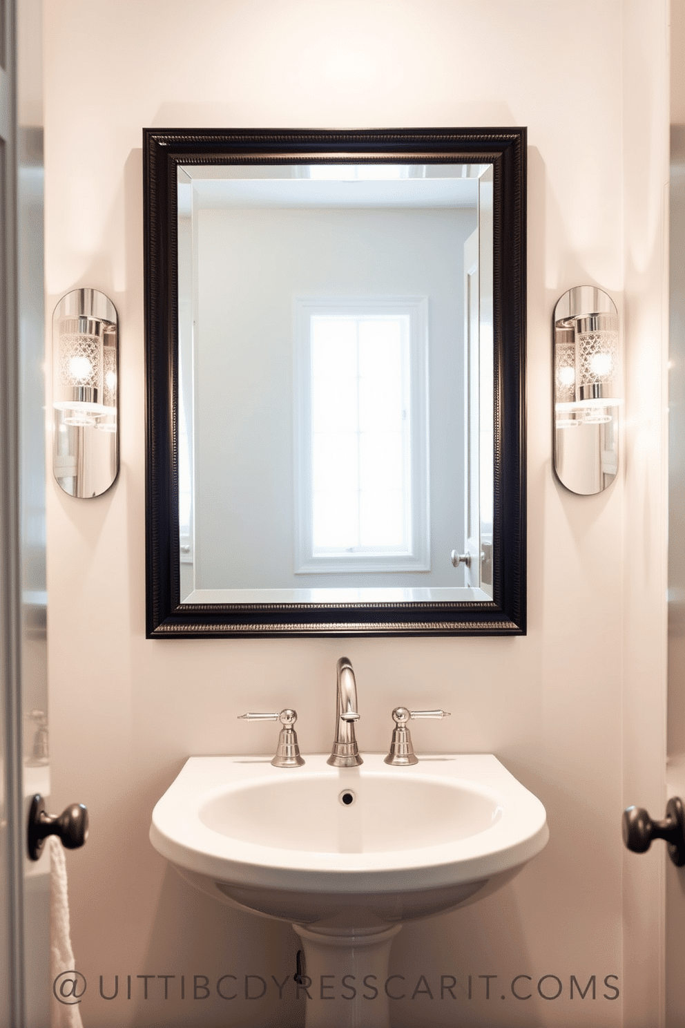 A chic powder room featuring mirrored sconces that reflect light and create an illusion of space. The sconces are elegantly mounted on either side of a stylish, framed mirror above a sleek pedestal sink, enhancing the overall brightness of the room.