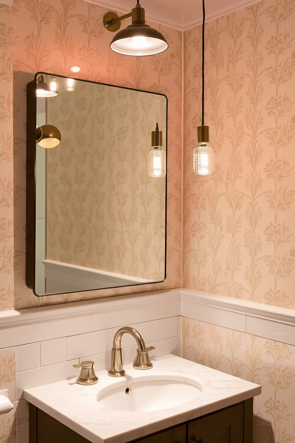 Mini pendants hang gracefully above the sink, casting a warm glow that enhances the cozy atmosphere of the powder room. The fixtures feature sleek, modern designs with brushed brass finishes, perfectly complementing the soft, neutral color palette of the space. The walls are adorned with delicate wallpaper that adds a touch of elegance, while a stylish mirror reflects the inviting light. Below, a chic vanity with a marble top provides both functionality and sophistication, creating an ideal setting for relaxation.