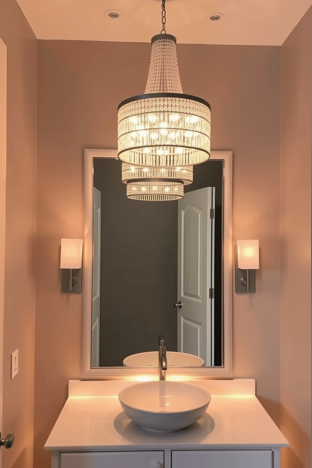 A chic powder room features layered lighting that includes a statement chandelier as the focal point, complemented by sconces on either side of a large mirror. The walls are painted in a soft gray, and the vanity is adorned with a sleek vessel sink, creating an inviting atmosphere. Warm LED lights under the vanity add a subtle glow, enhancing the overall ambiance while providing functional illumination. A decorative pendant light above the sink adds a touch of elegance, creating depth and interest in the space.