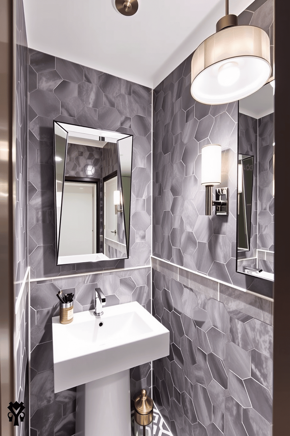 A chic powder room featuring geometric tile patterns in shades of gray and white, creating a modern yet inviting atmosphere. The walls are adorned with sleek, angular mirrors that reflect the ambient light, enhancing the sense of space. Soft, layered lighting illuminates the room, with a statement pendant light hanging above the sink and wall sconces flanking the mirror. The overall effect is a harmonious blend of functionality and style, perfect for a contemporary powder room.