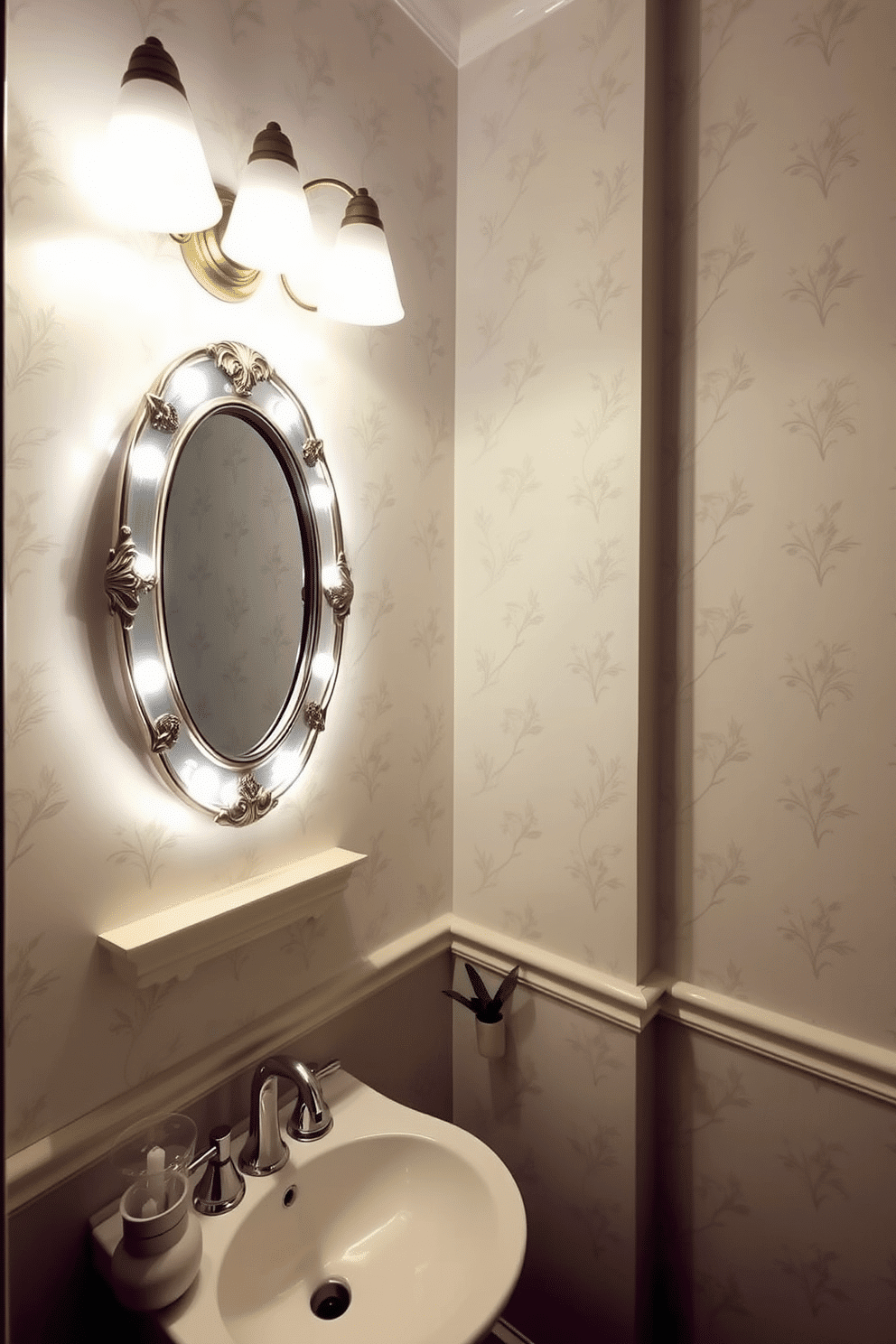 A powder room illuminated by soft white bulbs creates a soothing atmosphere perfect for relaxation. The gentle glow enhances the elegant fixtures, casting a warm light over the stylish decor. The walls are adorned with delicate wallpaper featuring subtle floral patterns, complementing the soft lighting. A chic mirror with a decorative frame reflects the inviting ambiance, while a small potted plant adds a touch of freshness to the space.