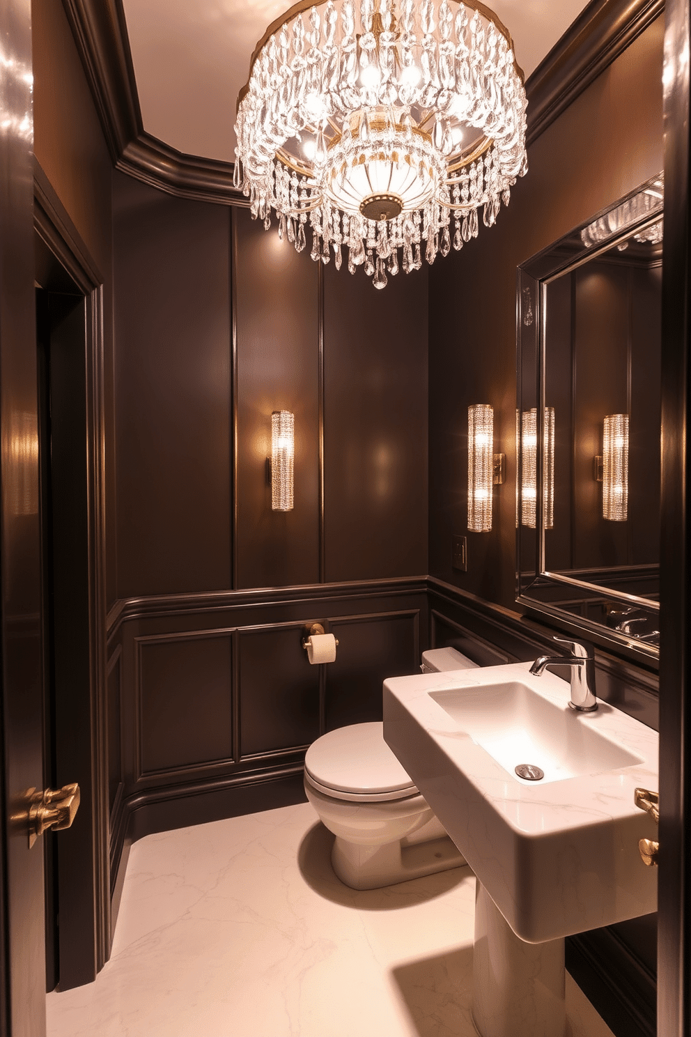 A luxurious powder room featuring elegant crystal accents that catch the light beautifully. The space is adorned with a stunning crystal chandelier, casting a warm glow over the polished marble floor. Soft, ambient lighting is strategically placed to highlight the exquisite details of the room, including a sleek, modern vanity with a crystal faucet. The walls are painted in a rich, deep hue, creating a dramatic backdrop for the shimmering crystal elements.