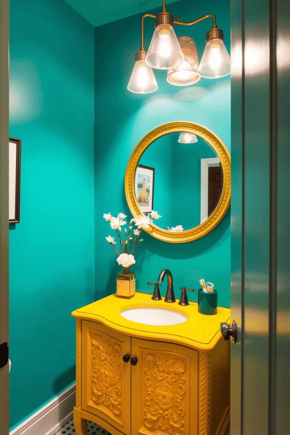 A striking powder room featuring bold colors that create a vibrant statement. The walls are painted a deep turquoise, complemented by a bright yellow vanity with intricate detailing. Stylish pendant lights hang above the vanity, casting a warm glow across the space. A large round mirror with a gold frame reflects the bold hues, enhancing the room's lively atmosphere.