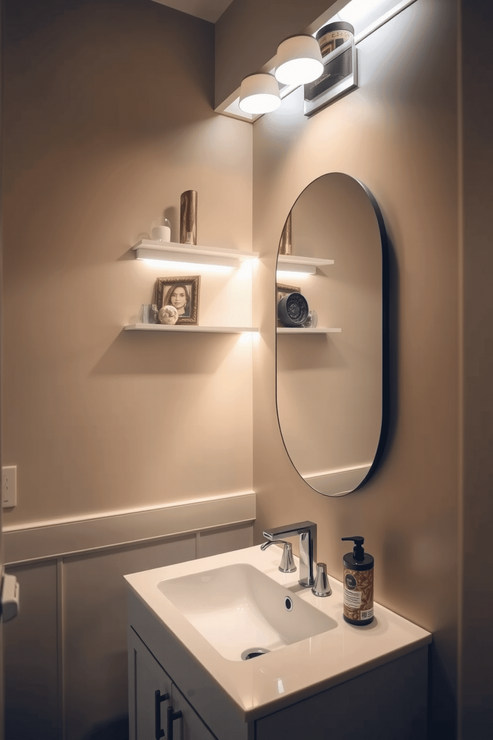 A chic powder room features under-shelf lighting that casts a warm glow, enhancing the elegance of the space. The shelves are adorned with decorative items, and the soft illumination highlights the textures and colors of the decor. The walls are painted in a soft taupe, creating a cozy atmosphere, while a stylish mirror reflects the gentle light. A modern sink with sleek fixtures sits below, complemented by a minimalist vanity that adds to the room's sophistication.