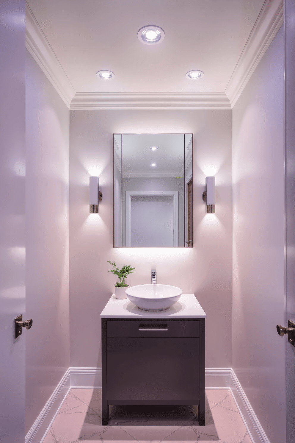 A stylish powder room featuring mood lighting with adjustable colors that can transform the ambiance based on the time of day. The walls are painted in a soft pastel hue, and a sleek, modern vanity with a vessel sink sits beneath a statement mirror that reflects the warm glow of the lighting. Incorporate recessed lighting in the ceiling, complemented by wall sconces on either side of the mirror for a layered effect. The floor is adorned with elegant tiles, and a small potted plant adds a touch of greenery, enhancing the inviting atmosphere.