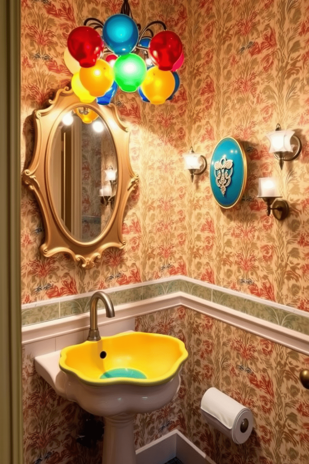 A whimsical powder room features playful fixtures, including a colorful ceramic sink shaped like a flower and a quirky faucet resembling a dragonfly. The walls are adorned with bright, patterned wallpaper, and a vintage-style mirror with a whimsical frame adds character to the space. For lighting, consider a charming chandelier made of colorful glass orbs that casts a soft, inviting glow. Additionally, wall sconces in fun shapes, such as stars or clouds, provide accent lighting and enhance the playful atmosphere.