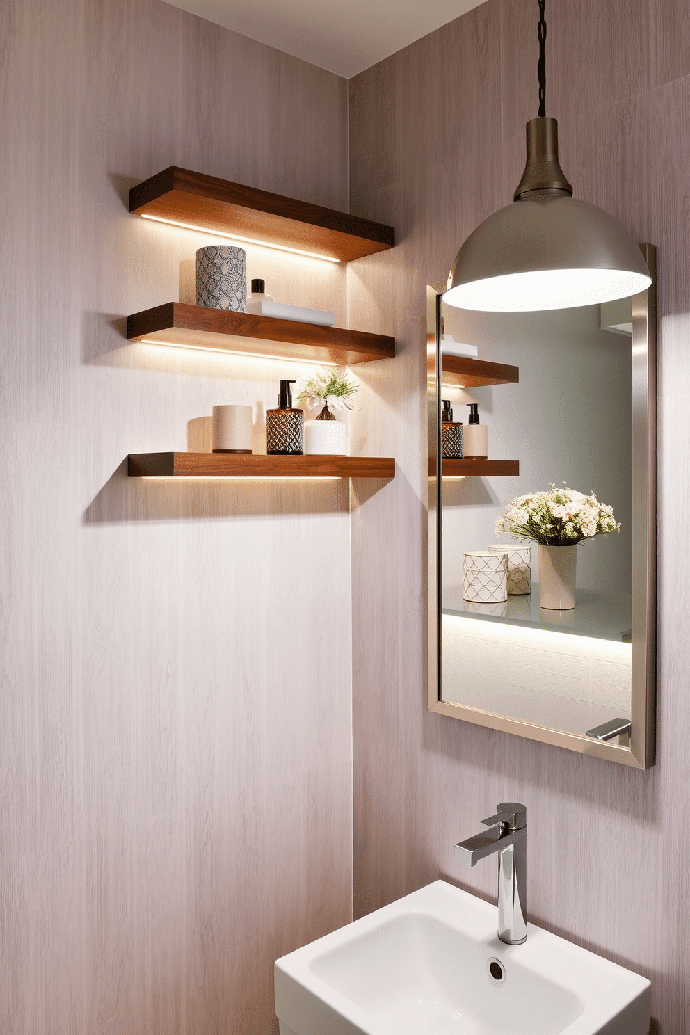 A chic powder room featuring floating shelves with integrated lighting that create a warm, inviting ambiance. The shelves, crafted from rich walnut, showcase elegant decor items and are illuminated by soft LED strips, enhancing their visual appeal. The walls are adorned with a subtle textured wallpaper in soft gray, while a stylish mirror with a brushed nickel frame reflects the ambient light. A modern pendant light hangs above the sink, providing focused illumination and adding a touch of sophistication to the space.