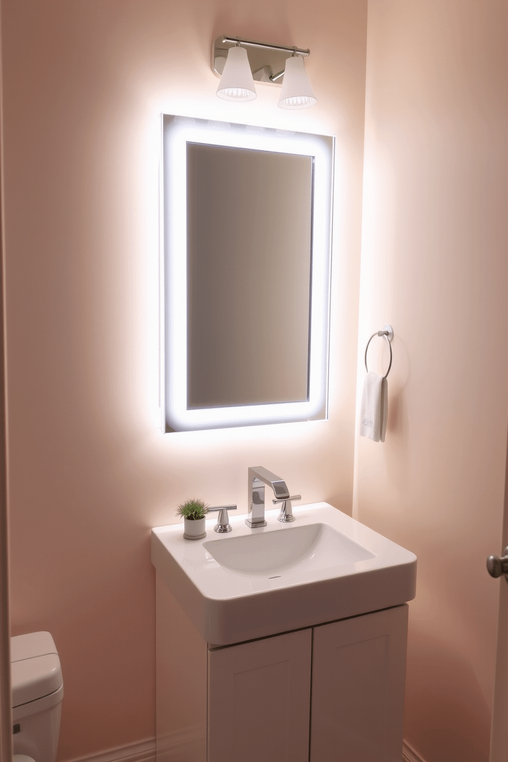 A chic powder room featuring LED strip lights elegantly installed under a sleek vanity, creating a warm and inviting ambiance. The walls are adorned with a soft pastel color, and a stylish mirror above the vanity enhances the room's brightness.