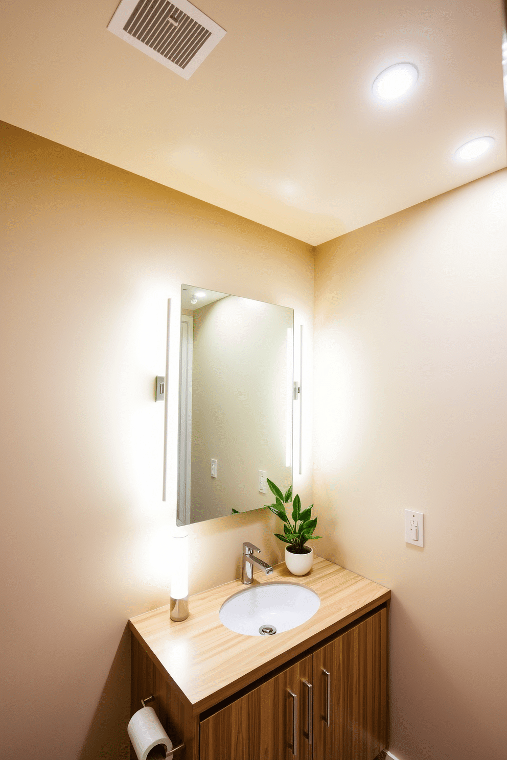 A chic powder room featuring eco-friendly LED lighting that enhances the space's sustainability. The walls are adorned with a soft, earthy tone, and the ceiling boasts recessed LED fixtures that provide a warm glow, creating an inviting atmosphere. The vanity is illuminated by stylish LED sconces on either side of a sleek mirror, highlighting the natural wood finish. A small potted plant sits on the countertop, complementing the eco-conscious design while adding a touch of greenery.