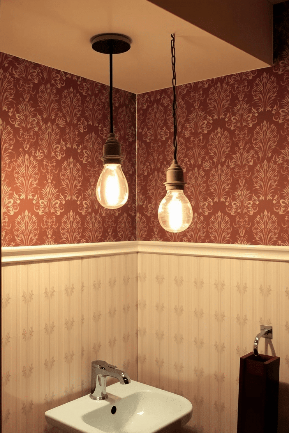 A charming powder room illuminated by vintage pendant lights that hang gracefully from the ceiling. The walls are adorned with a soft pastel wallpaper, and a sleek, modern sink sits beneath the warm glow of the lights, creating an inviting atmosphere.