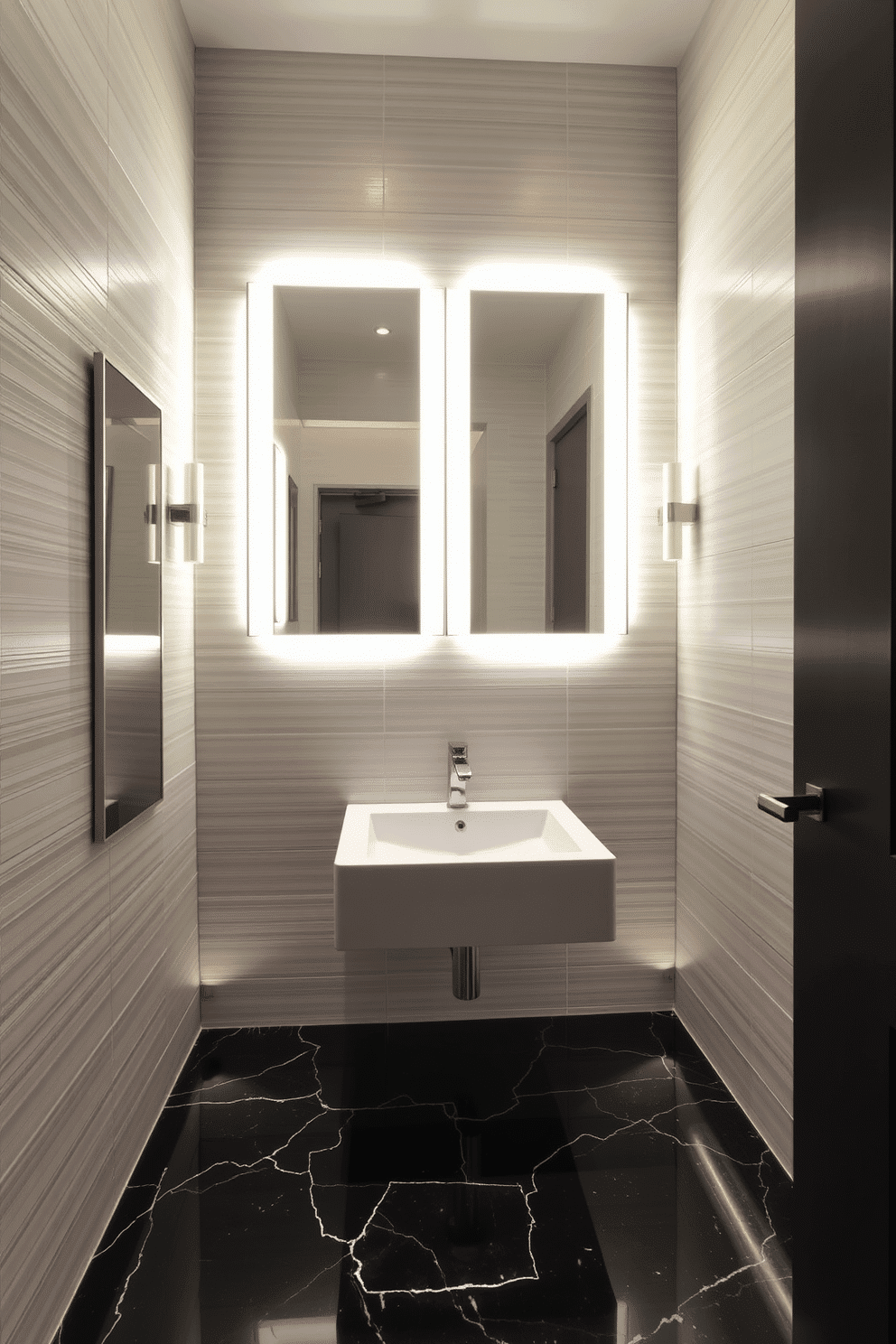 A chic powder room featuring backlit mirrors that enhance the modern elegance of the space. The walls are adorned with sleek, textured tiles in a soft gray, while the floor boasts a polished black marble finish that reflects the ambient light. The backlit mirrors are framed in brushed nickel, casting a warm glow that complements the understated luxury of the room. A stylish, minimalist sink with a floating vanity adds to the contemporary feel, while strategically placed sconces provide additional illumination for a welcoming atmosphere.