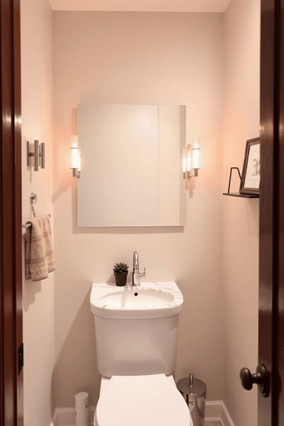 A stylish powder room with wall-mounted fixtures to save space. The lighting features sleek, modern sconces on either side of a large mirror, creating a warm and inviting ambiance. The walls are painted in a soft, neutral tone, complementing the elegant marble sink and countertop. A small potted plant adds a touch of greenery, while a decorative shelf displays curated accessories above the toilet.