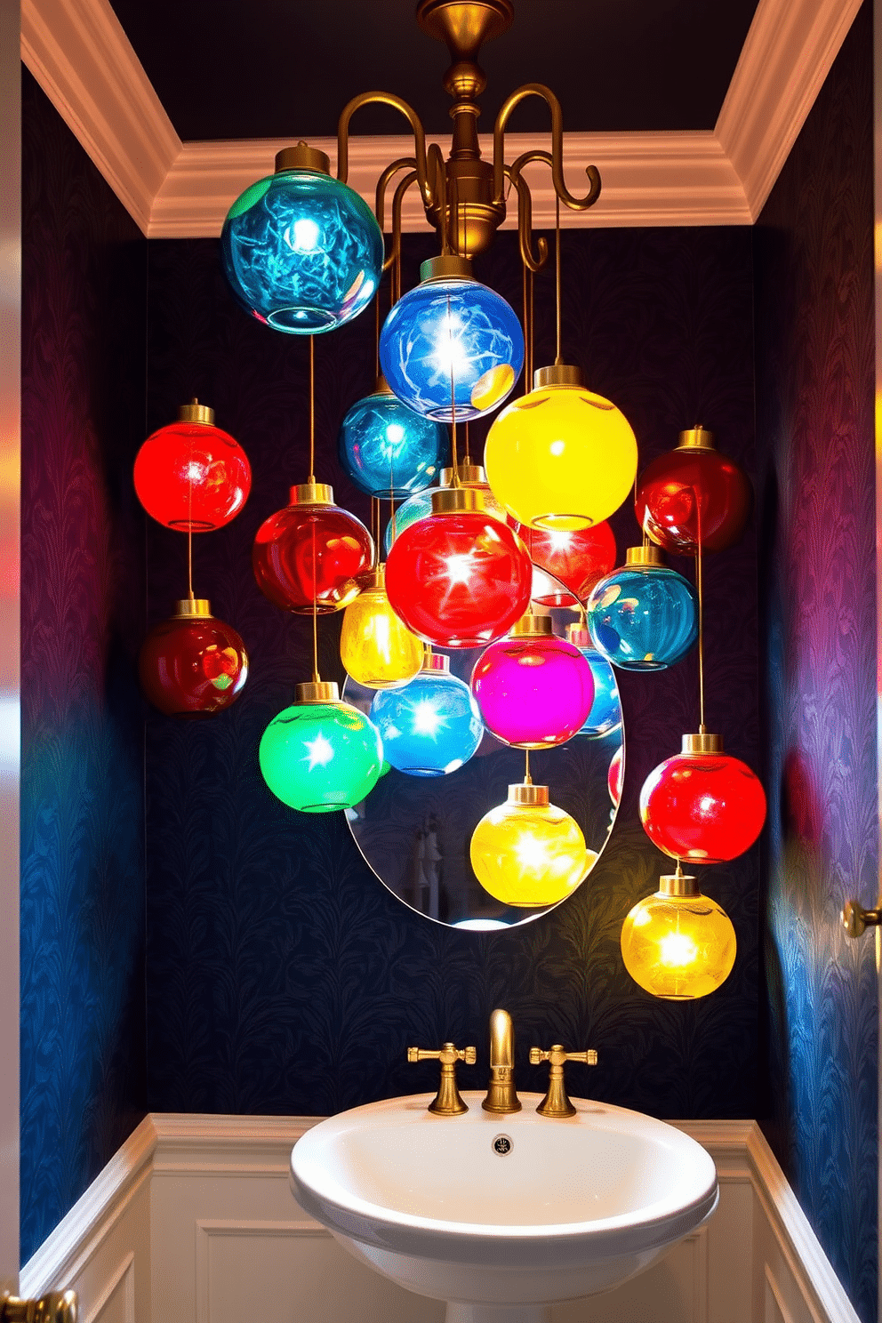 A stunning powder room illuminated by colorful glass globes that create a vibrant atmosphere. The globes are suspended from an elegant ceiling fixture, casting a warm glow over the space. The walls are adorned with a rich navy wallpaper, complementing the bright hues of the glass. A sleek white pedestal sink sits below, with a stylish gold faucet that adds a touch of luxury.