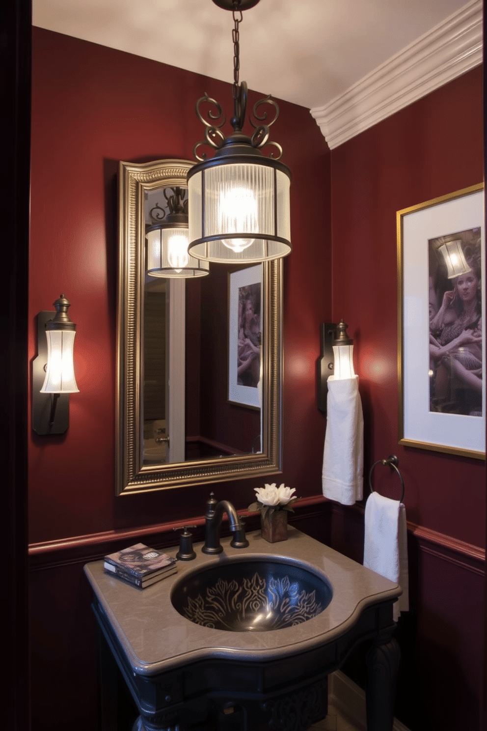 A stylish powder room features statement fixtures that serve as striking focal points, including a bold chandelier and an ornate sink with intricate detailing. The walls are adorned with a rich, deep color, enhancing the dramatic effect of the lighting and creating a warm, inviting atmosphere. The lighting design incorporates layered sources, such as sconces flanking the mirror and a statement pendant light overhead. Soft dimmable LEDs provide versatility, allowing for a bright, airy feel during the day and a cozy ambiance in the evening.