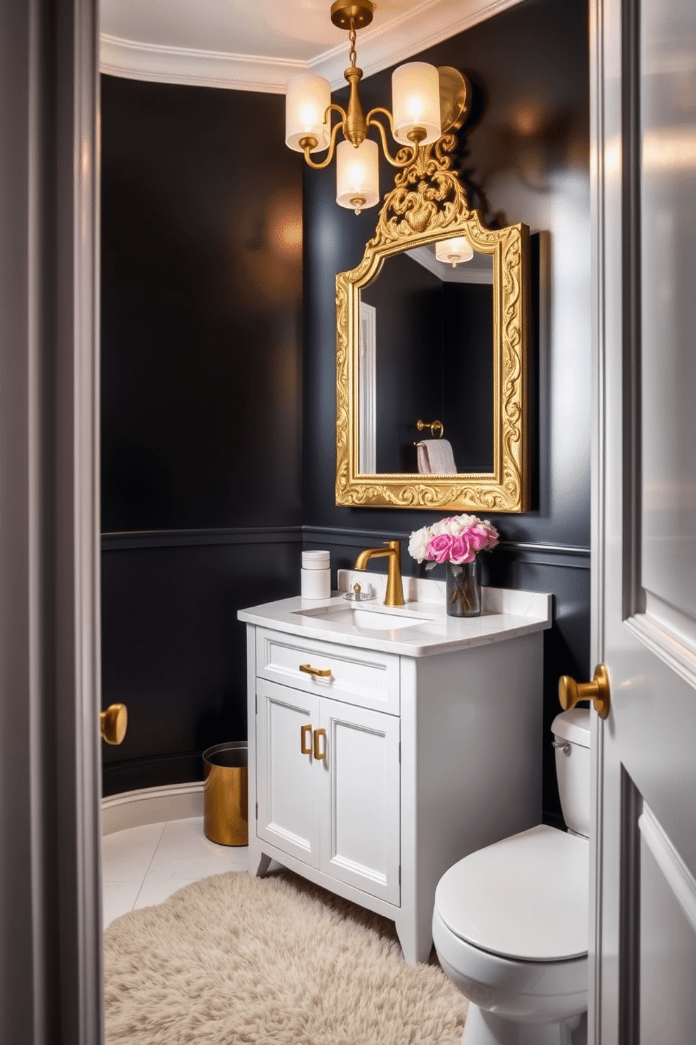 A chic powder room featuring bold black accent walls that create a striking contrast with the lighter elements in the space. The vanity is a sleek white with gold hardware, topped with a stunning white marble countertop that adds a touch of luxury. To enhance the dramatic effect, a large, ornate mirror with a gold frame reflects the room's elegant design. Soft, ambient lighting fixtures in gold tones illuminate the space, while a plush, patterned rug adds warmth underfoot.