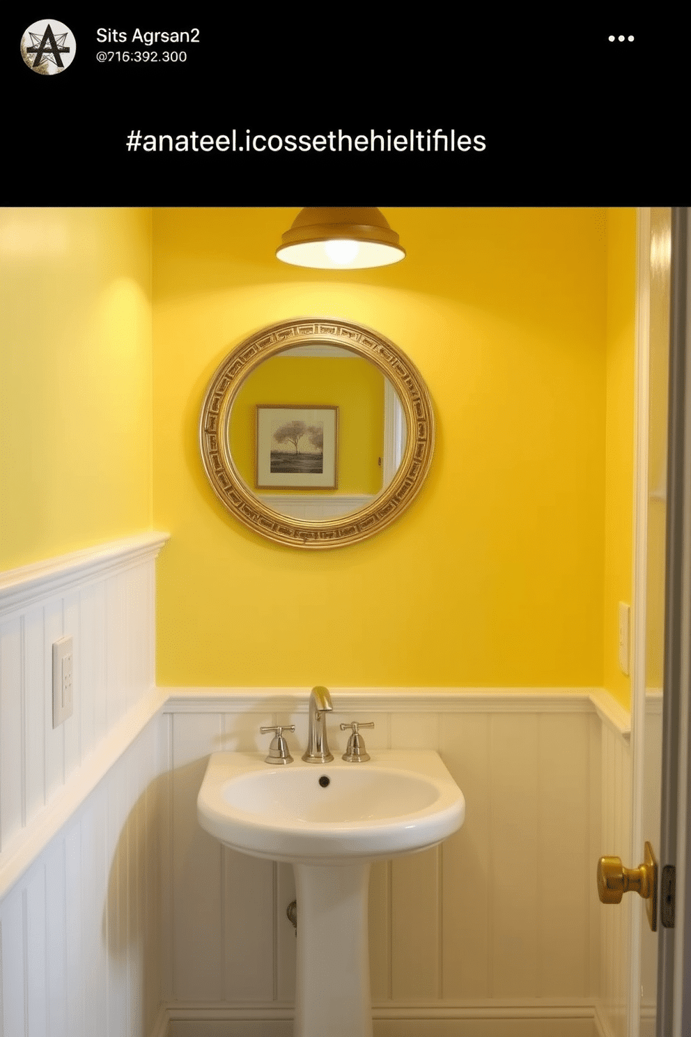 A sunny yellow powder room radiates cheerful brightness, creating an inviting atmosphere for guests. The walls are adorned with a soft, buttery yellow paint, complemented by white wainscoting that adds a touch of elegance. The space features a sleek pedestal sink with a polished chrome faucet, enhancing the airy feel of the room. A round mirror with a decorative gold frame hangs above the sink, reflecting the warm light from a stylish pendant fixture.