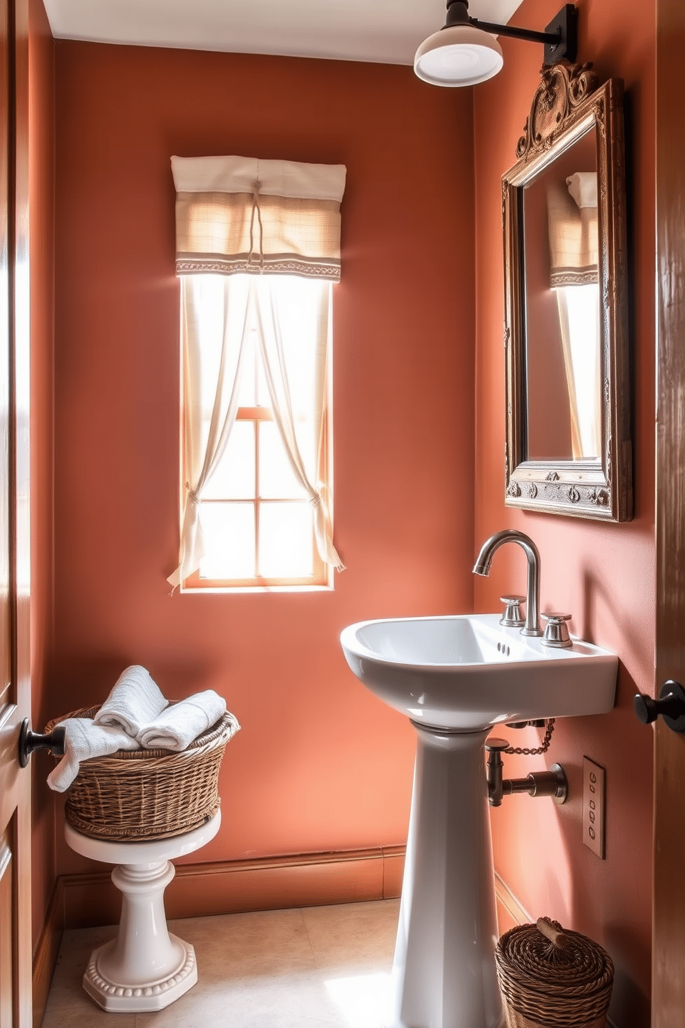 A cozy powder room featuring earthy terracotta walls that exude rustic charm. The space is accented with a vintage wooden mirror and a sleek, modern sink that contrasts beautifully with the warm tones. Natural light filters through a small window adorned with linen curtains, creating a soft ambiance. A woven basket filled with hand towels sits beside the sink, adding a touch of practicality and style.