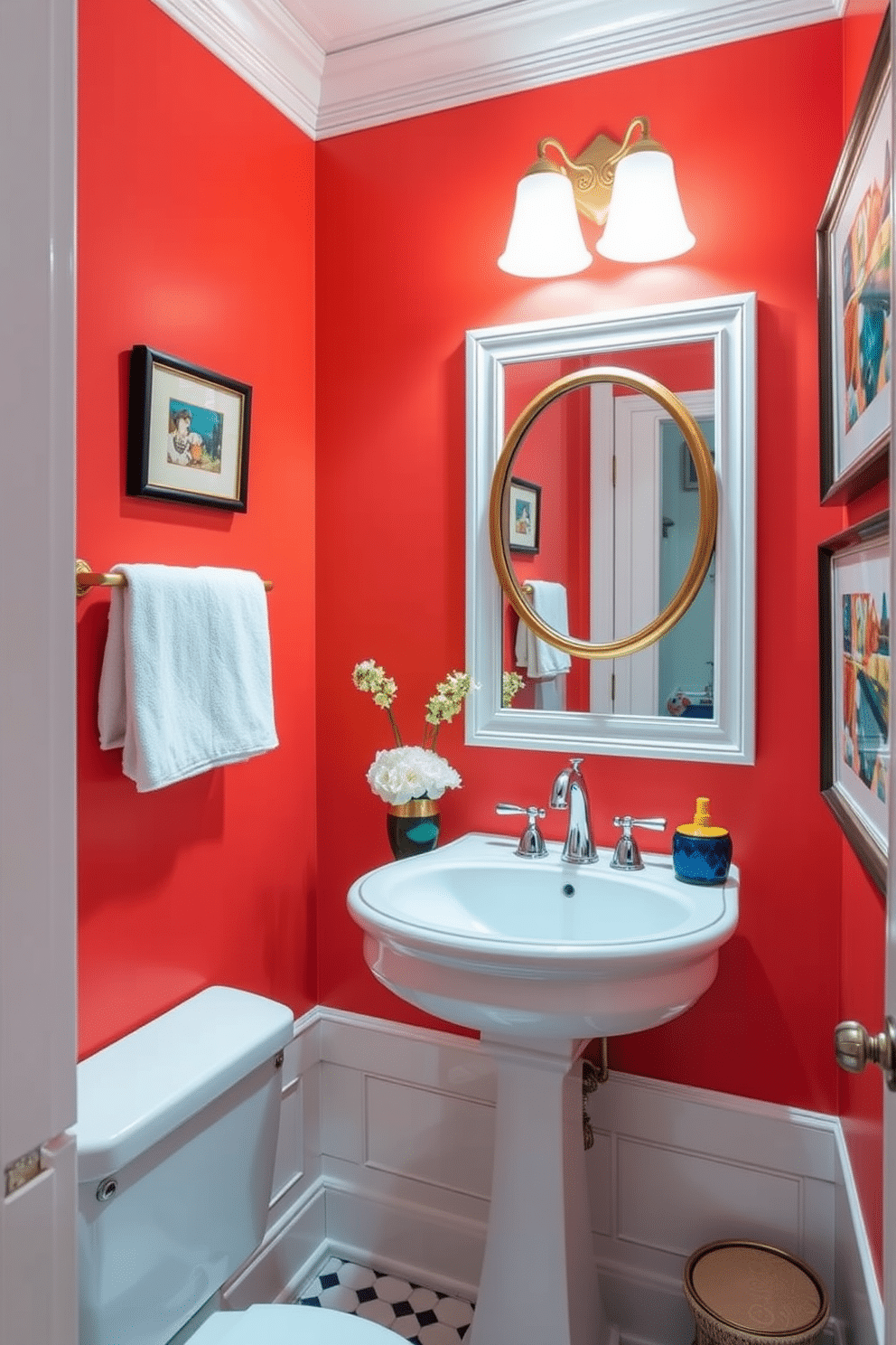 A vibrant powder room features warm coral walls that create a lively and inviting atmosphere. The space is accented with white trim and fixtures, enhancing the cheerful vibe while providing a fresh contrast. A stylish pedestal sink with a polished chrome faucet stands out against the coral backdrop. Decorative elements like a round mirror with a gold frame and colorful artwork complete the look, adding personality and charm to the room.