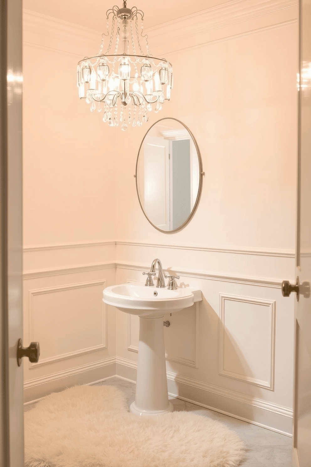 Elegant ivory paint envelops the powder room, creating an atmosphere of understated luxury and tranquility. The space features a sleek pedestal sink with a polished chrome faucet, complemented by a delicate crystal chandelier that casts a warm glow. The walls are adorned with subtle wainscoting, adding texture and depth to the room. A plush, cream-colored rug lies beneath the sink, inviting comfort and elegance underfoot.