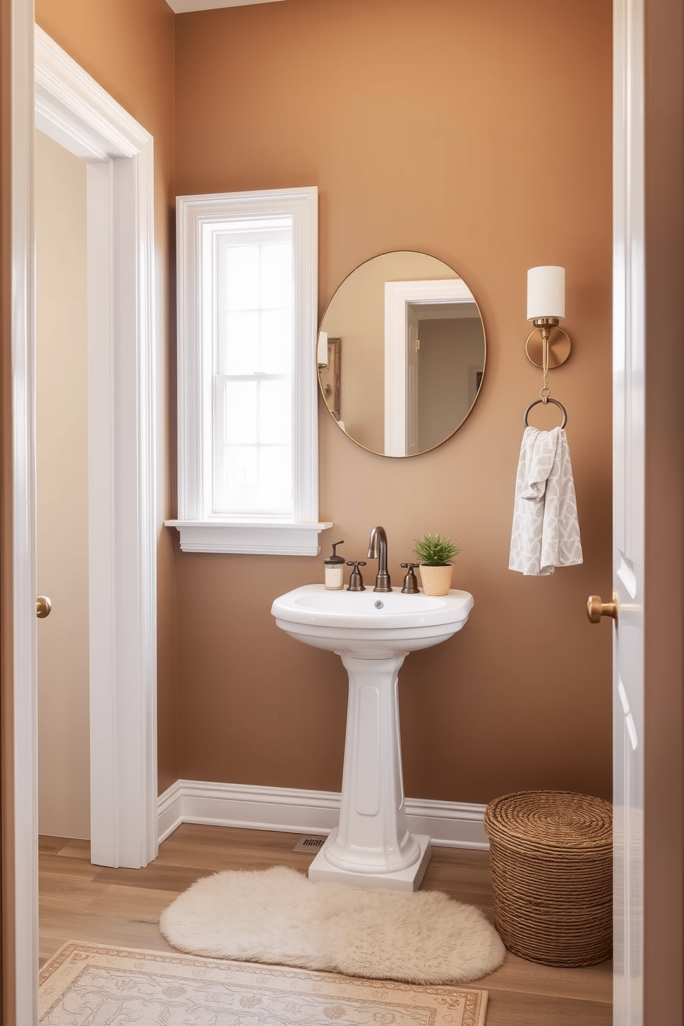 A cozy powder room painted in warm taupe creates an inviting atmosphere, complemented by soft white trim around the doors and windows. The space features a stylish pedestal sink with a vintage faucet and a large round mirror above, reflecting the warm hues of the walls. To enhance the cozy feel, add a plush area rug in a subtle pattern, and incorporate soft lighting with a decorative sconce on either side of the mirror. A small potted plant on the sink and a few decorative hand towels in complementary colors complete the inviting design.