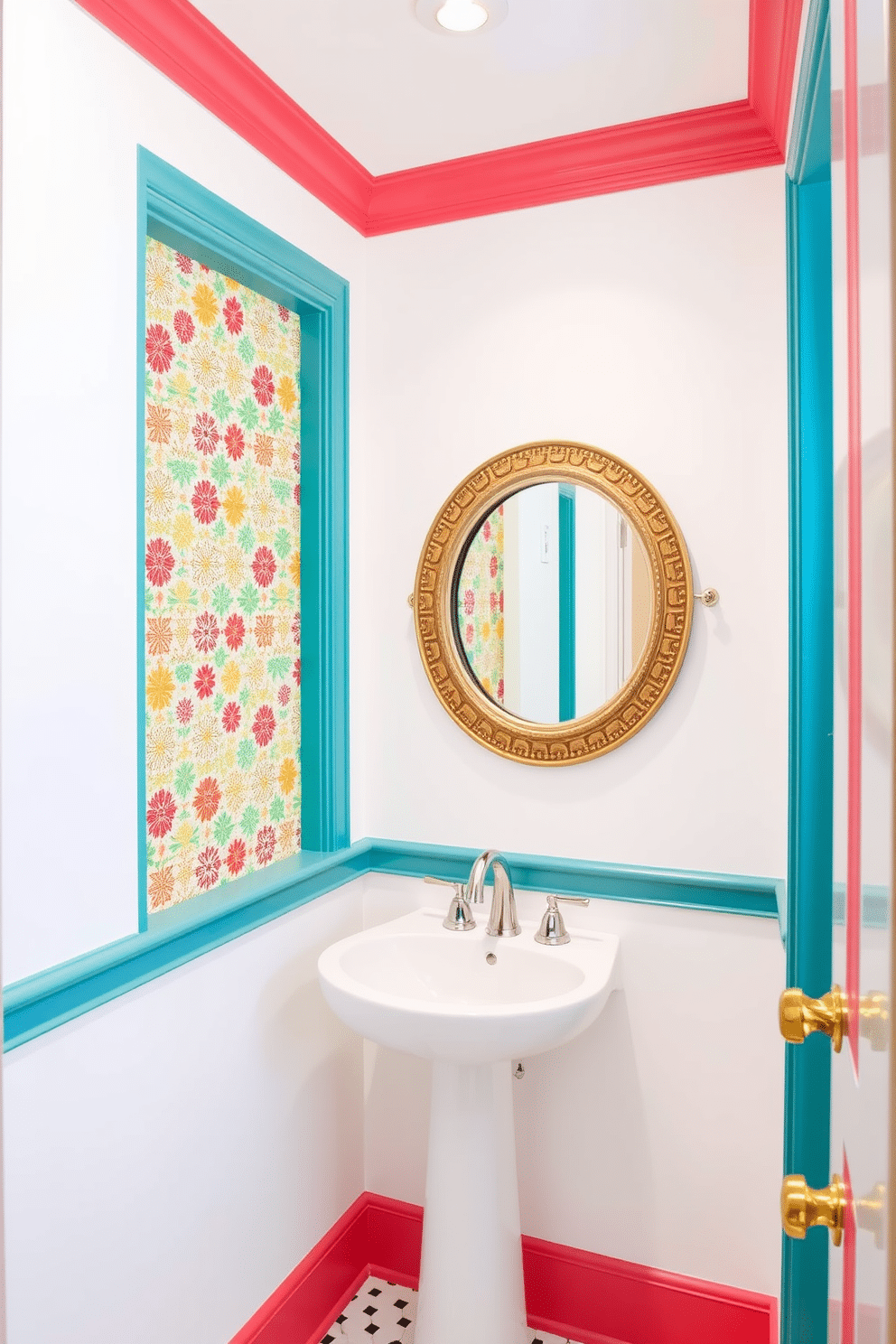 A bright white powder room features colorful trim that adds a playful touch to the space. The walls are painted in a crisp white, while vibrant accents in shades of teal and coral adorn the baseboards and crown molding, creating a cheerful atmosphere. The small space includes a sleek pedestal sink with a chrome faucet, complemented by a colorful patterned wallpaper on one accent wall. A round mirror with a colorful frame reflects the light, enhancing the room's brightness and inviting charm.