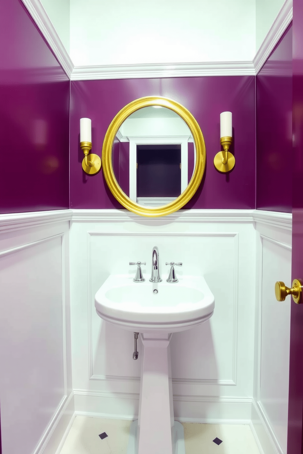 A luxurious powder room adorned in plum purple, creating an elegant and regal atmosphere. The walls are painted in a rich plum hue, complemented by white wainscoting that adds a classic touch. A sleek, modern pedestal sink is positioned against the wall, featuring a polished chrome faucet. Above the sink, a round mirror with a gold frame reflects the sophisticated color scheme, while a small gold sconce provides warm lighting on either side.