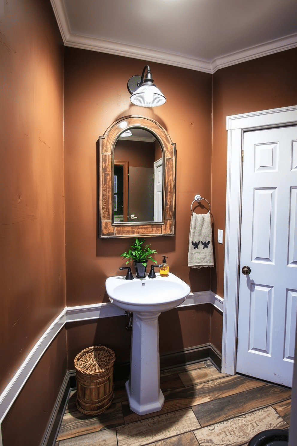 A cozy powder room featuring rustic brown walls that evoke a natural, earthy ambiance. The space is accented with white trim and a vintage wooden mirror that adds character and warmth. The flooring is a combination of reclaimed wood and patterned tiles, enhancing the rustic charm. A small potted plant sits on the countertop, complementing the warm tones and creating a welcoming atmosphere.